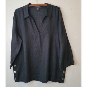 Tahari Womens XL Black 100% Linen V-Neck Tunic Top Button Side Slit 3/4 Sleeve
